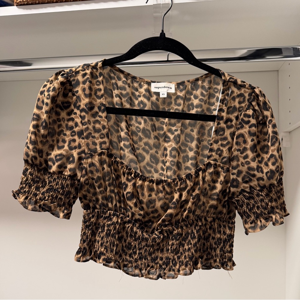 Superdown Animal Print Smocked Blouse